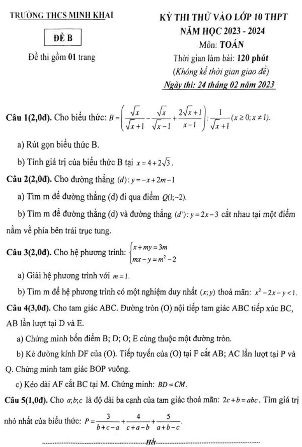 Đề thi thử vào lớp 10 THPT 2023-2024