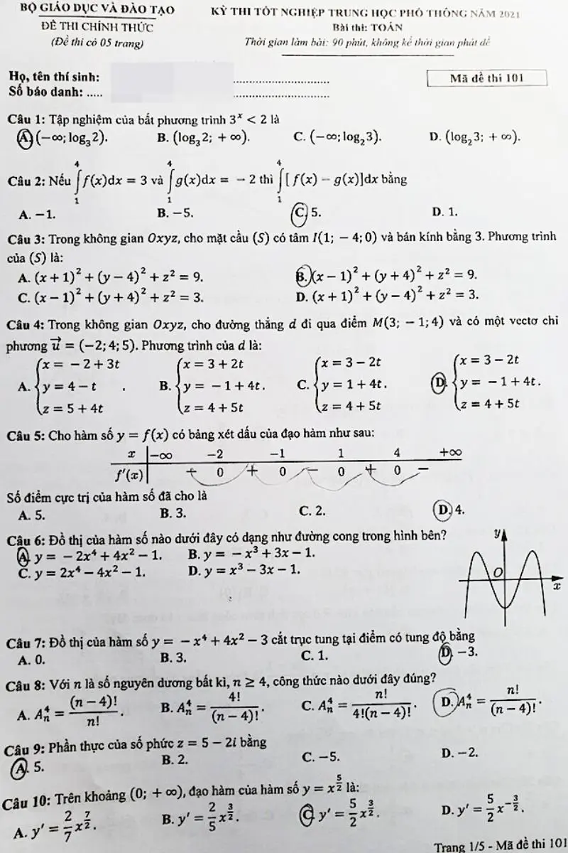 Đề thi THPT quốc gia 2021 môn toán
