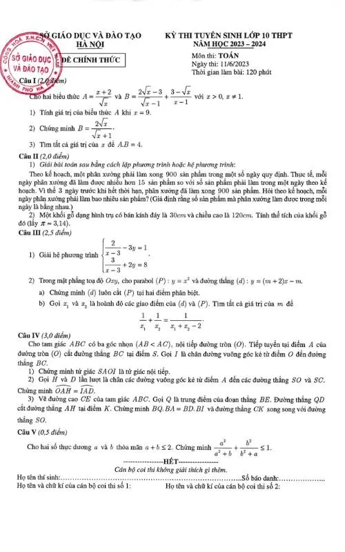 Đề thi toán tuyển sinh lớp 10 Hà Nội 2023-2024