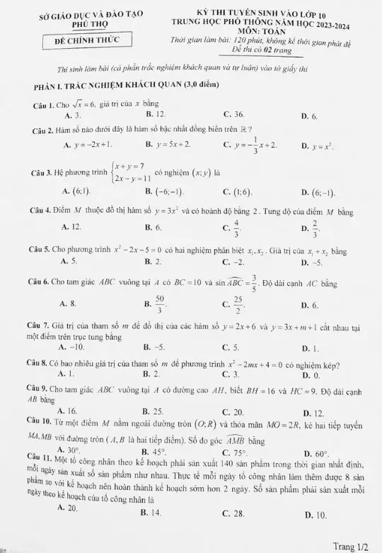 Đề thi tuyển sinh lớp 10 môn toán Phú Thọ
