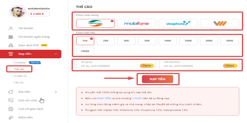 Hướng dẫn nạp tiền bằng thẻ cào