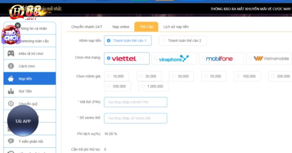 Nạp tiền qua ngân hàng nội địa, ví điện tử &amp; thẻ cào