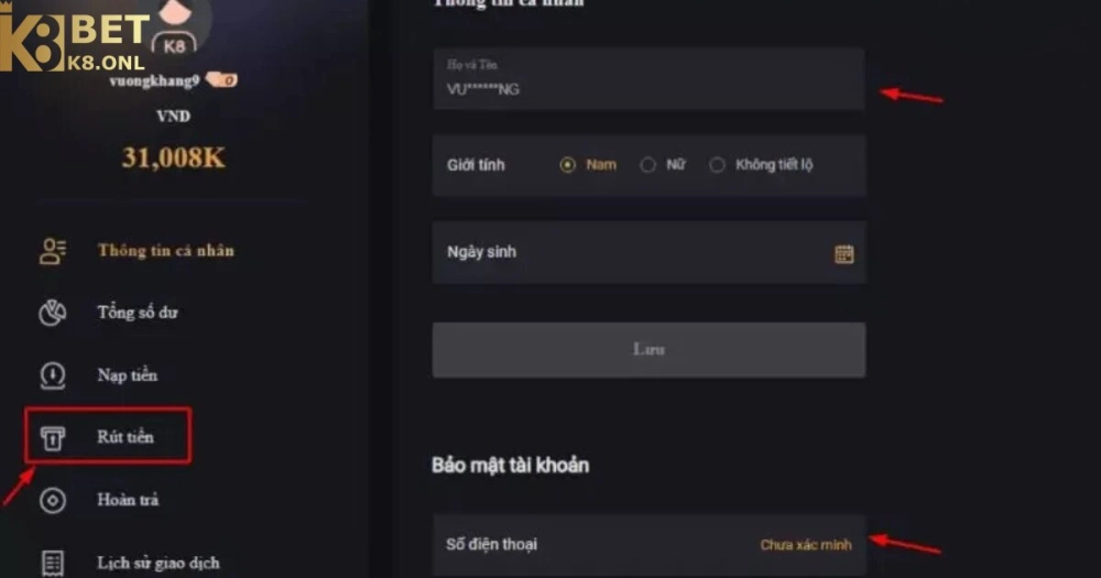 Các phương thức rút tiền K8