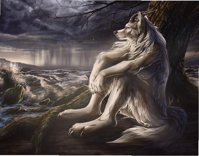 Alpha wolf ngồi bên cây nhìn ra biển dưới bầu trời giông bão, minh họa cho sự cô độc