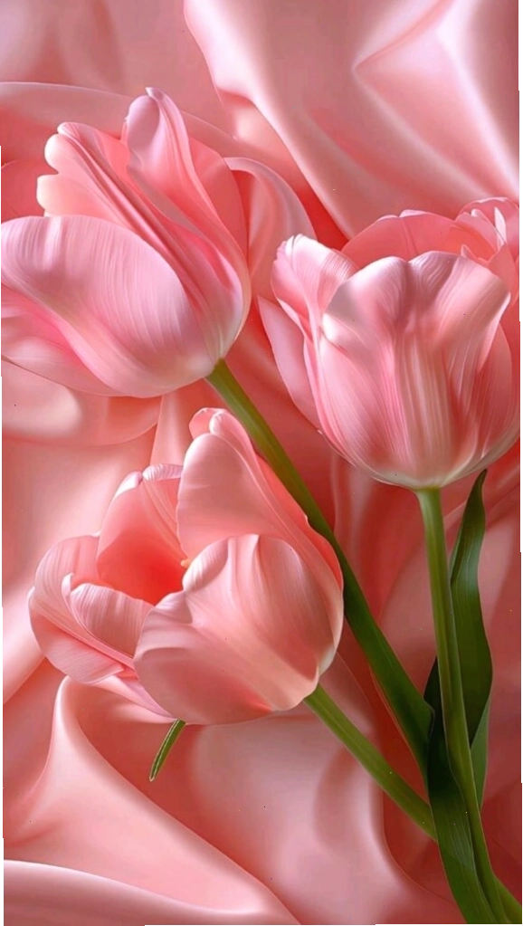 Cánh đồng tulip hồng 3D dưới ánh hoàng hôn