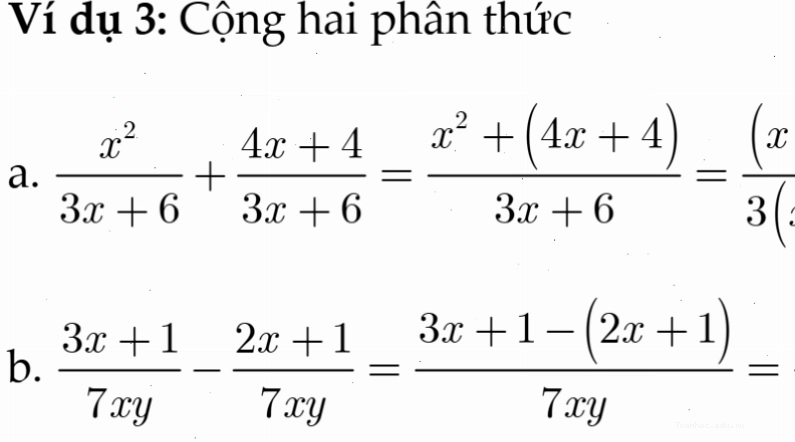 Minh họa bài tập cộng và trừ phân thức đại số lớp 8