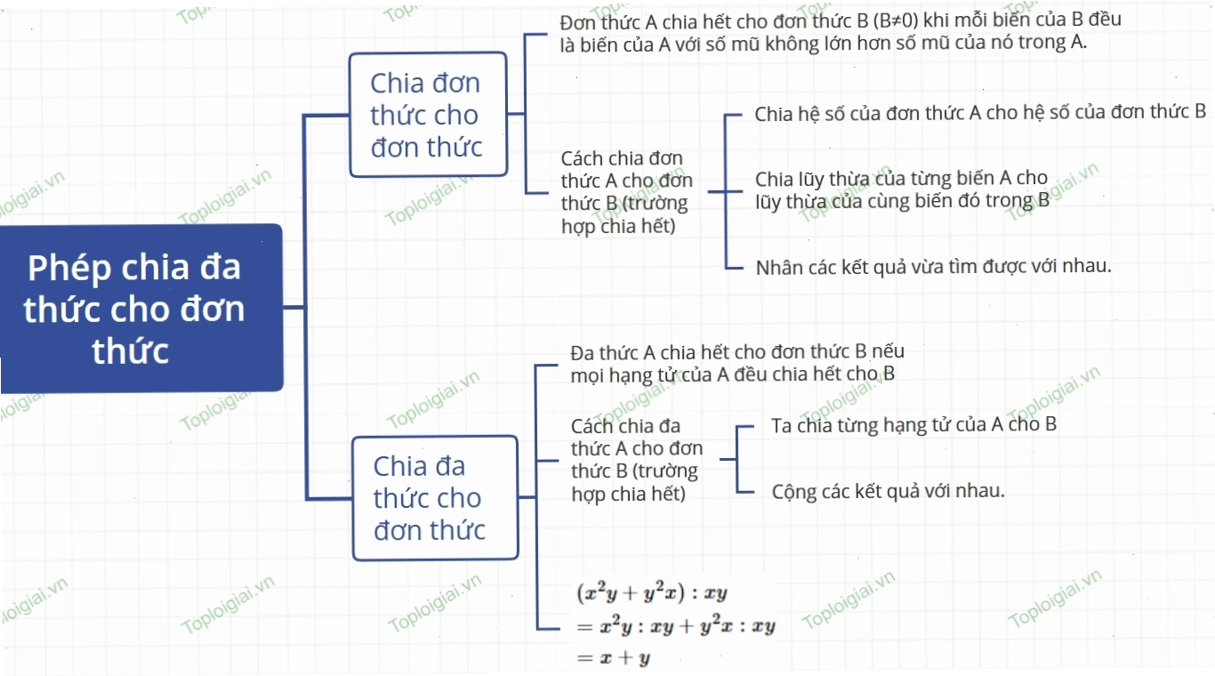 Sơ đồ tư duy phép chia đa thức cho đơn thức Toán 8