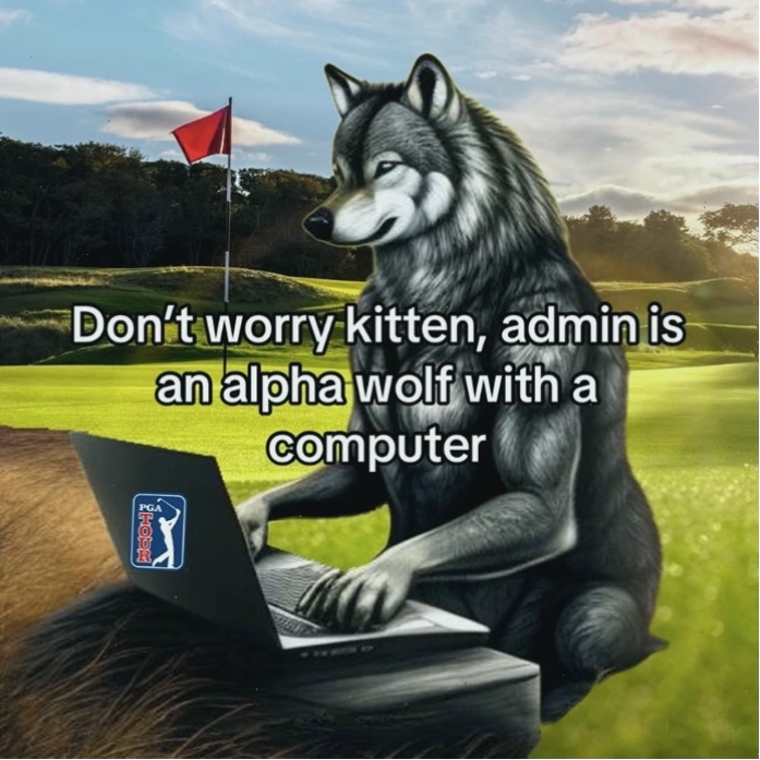 Sói Alpha dùng laptop trên sân golf, thể hiện sự cô độc trong văn hóa