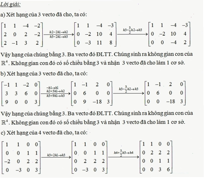 Tìm cơ sở và số chiều của không gian con trong R4