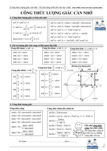 Tổng hợp các công thức lượng giác đầy đủ cho học sinh