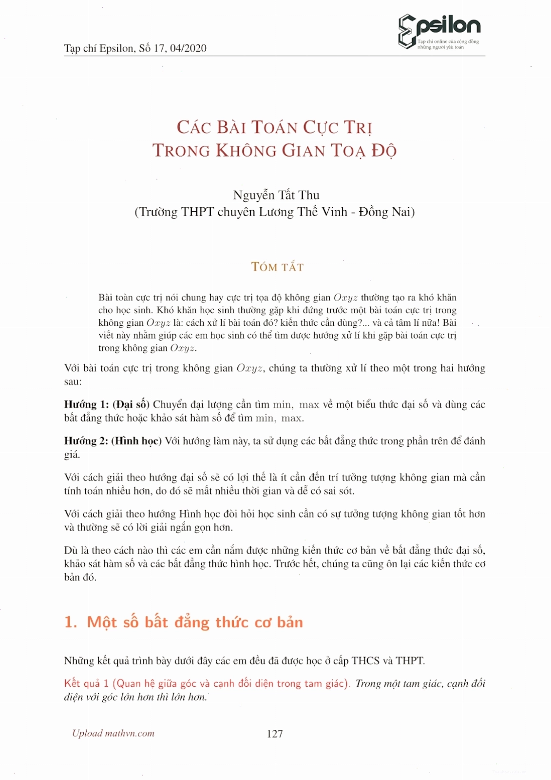 Ví dụ minh họa bài toán tìm cực trị khoảng cách bằng phương pháp tọa độ
