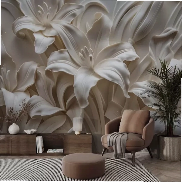 Floral 3D wallpaper design with peony and chrysanthemum details