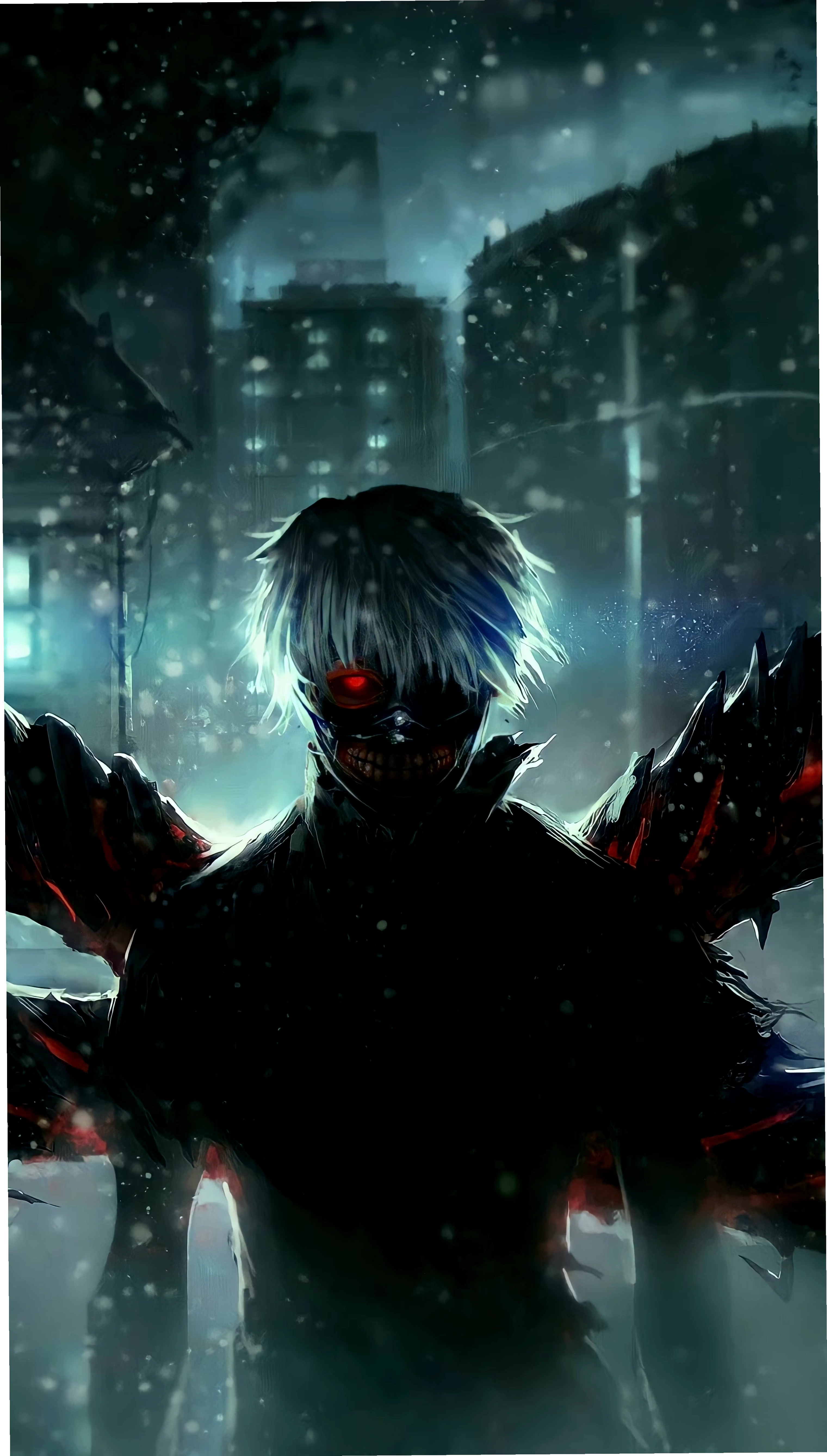 Nhân vật anime tóc trắng đeo mặt nạ trong thành phố tuyết rơi